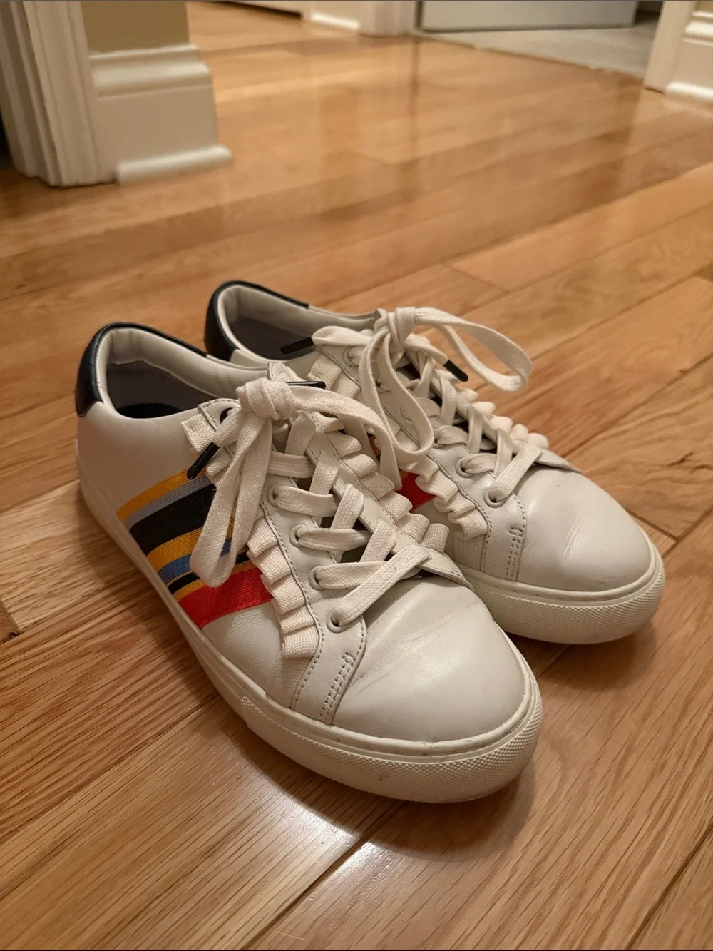 Tory Burch White Leather Sneakers with Red, Blue & Yellow Stripes